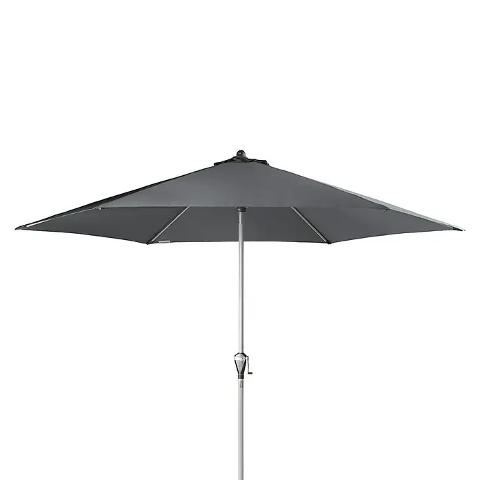 Doppler Active Marktschirm rund Auto Tilt - Anthrazit, Durchmesser Bespannung: 320 cm - Nahaufnahme eines quadratischen Sonnenschirms mit grauem Stoff und einem stabilen, silberfarbenen Mast.