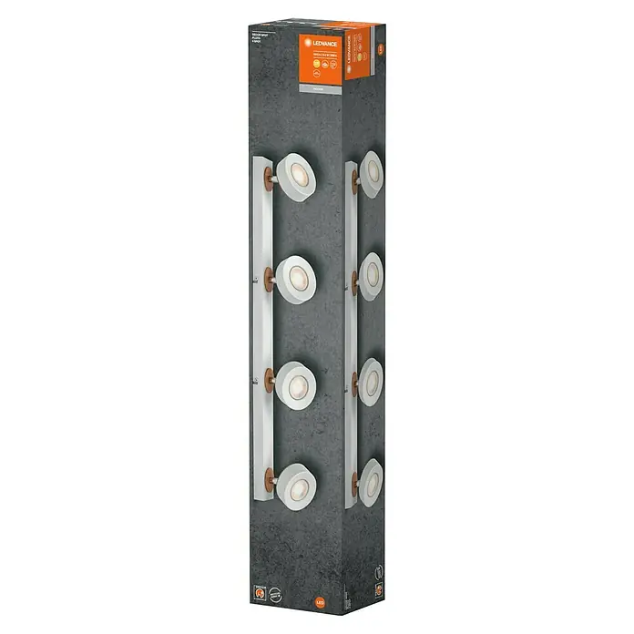 Ledvance LED-Wand- & Deckenstrahler Spot Pluto - 19,2 W, L x B x H: 69,8 x 9 x 10,8 cm, Weiß, Warmweiß, 4 Stk. - Bild eines LEDVANCE Deko-Spots mit vier Strahlern. Das Design ist modern und die Spots sind auf einer Leiste angebracht.