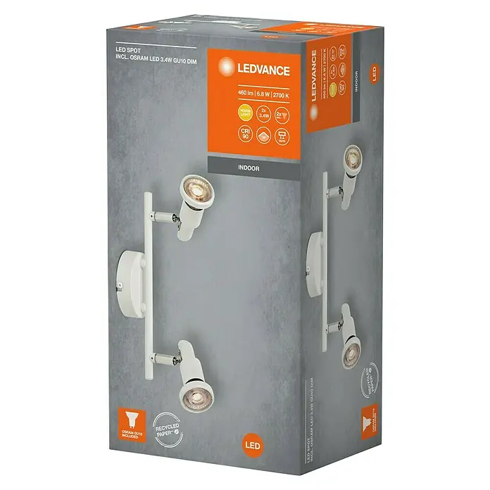 Ledvance Deckenstrahler Spot - 6,8 W, L x B x H: 25,6 x 9 x 15,5 cm, Weiß, GU10, 2 Stk. - Nahaufnahme der Verpackung einer LEDVANCE LED-Spotleuchte mit 2 Strahlern, ideal für den Innenbereich.