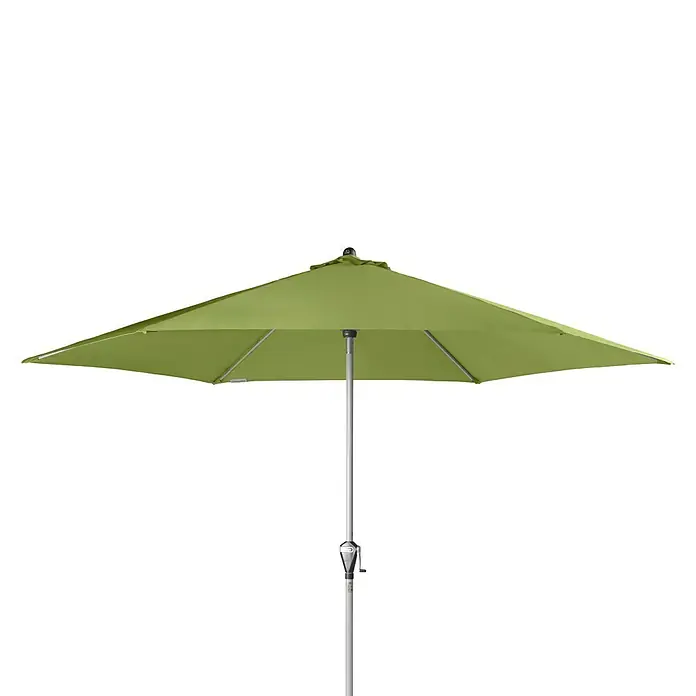 Doppler Active Marktschirm rund Auto Tilt - Fresh Green, Durchmesser Bespannung: 320 cm - Ein grüner quadratischer Sonnenschirm mit einem silbernen Mast, ideal für den Garten oder die Terrasse.