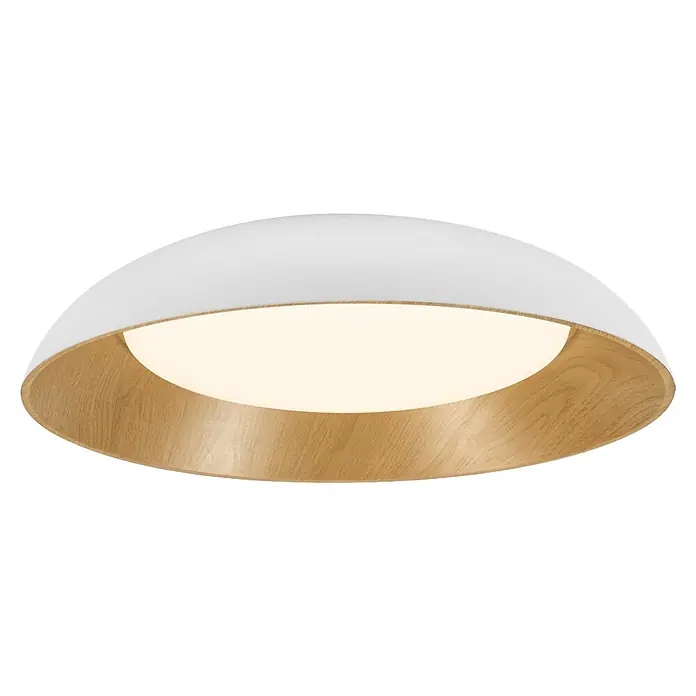 Osram LED-Deckenleuchte rund Alva - Ø x H: 50,5 x 14 cm, Weiß, Holzdekor, Warmweiß - Diese Nahaufnahme zeigt eine moderne Deckenleuchte mit einer weißen, kuppelförmigen Oberseite und einem hölzernen Innenteil, das ein weiches Licht ausstrahlt.