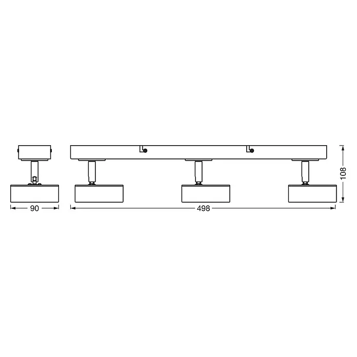Ledvance LED-Wand- & Deckenstrahler Spot Pluto - 14,4 W, L x B x H: 49,8 x 9 x 10,8 cm, Weiß, Warmweiß, 3 Stk. - Abbildung einer Deckenleuchte mit vier Strahlern und detaillierten Maßangaben zur besseren Produktvisualisierung.