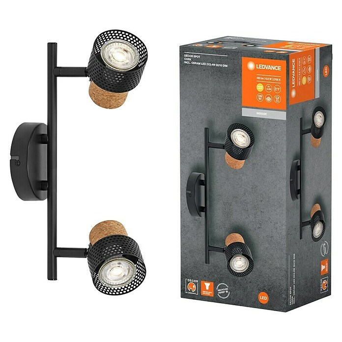 Ledvance Foco de pared Cork (6,8 W, L x An x Al: 33,8 x 10 x 13,6 cm, Negro, GU10, 2 ud.) | BAUHAUS