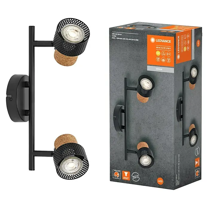 Ledvance Wandstrahler Spot Cork - 6,8 W, L x B x H: 33,8 x 10 x 13,6 cm, Schwarz, GU10, 2 Stk. - Abgebildet ist eine LEDVANCE DÉCOR SPOT CORK Wandleuchte mit zwei Strahlern und passender Verpackung, ideal für Innenräume.
