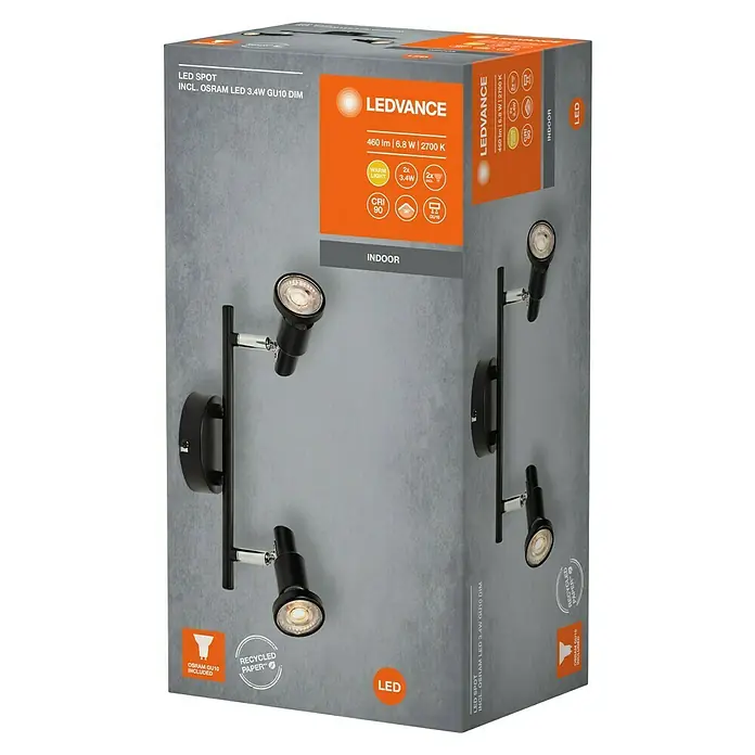 Ledvance Deckenstrahler Spot - 6,8 W, L x B x H: 25,6 x 9 x 15,5 cm, Schwarz, GU10, 2 Stk. - Eine LEDVANCE LED-Spotleuchte mit Osram LED 3.4W GU10 DIM, die warmes Licht mit 460 lm und 2700 K bietet, ideal für den Innenbereich.
