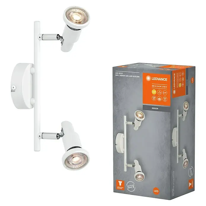 Ledvance Deckenstrahler Spot - 6,8 W, L x B x H: 25,6 x 9 x 15,5 cm, Weiß, GU10, 2 Stk. - LEDVANCE LED-Spot mit zwei Leuchten in Weiß, inklusive Verpackung. Ideal für die Innenraumbeleuchtung mit warmweißem Licht.