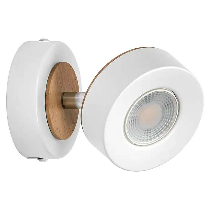 Ledvance LED-Wand- & Deckenstrahler Spot Pluto - 4,8 W, L x B x H: 9 x 12,2 x 9 cm, Weiß, Warmweiß, 1 Stk. - Nahaufnahme einer modernen, weißen Wandleuchte mit Holzakzenten, die ein warmes, einladendes Licht ausstrahlt.