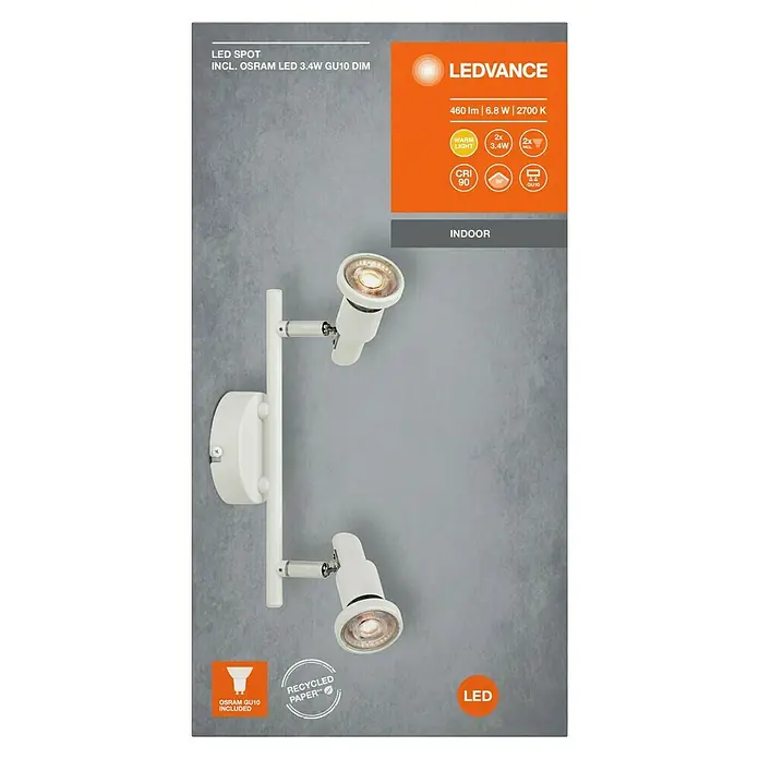 Ledvance Deckenstrahler Spot - 6,8 W, L x B x H: 25,6 x 9 x 15,5 cm, Weiß, GU10, 2 Stk. - Nahaufnahme einer LEDVANCE LED-Spotleuchte mit zwei Strahlern, inklusive Osram GU10 3.4W Leuchtmittel, für den Innenbereich.