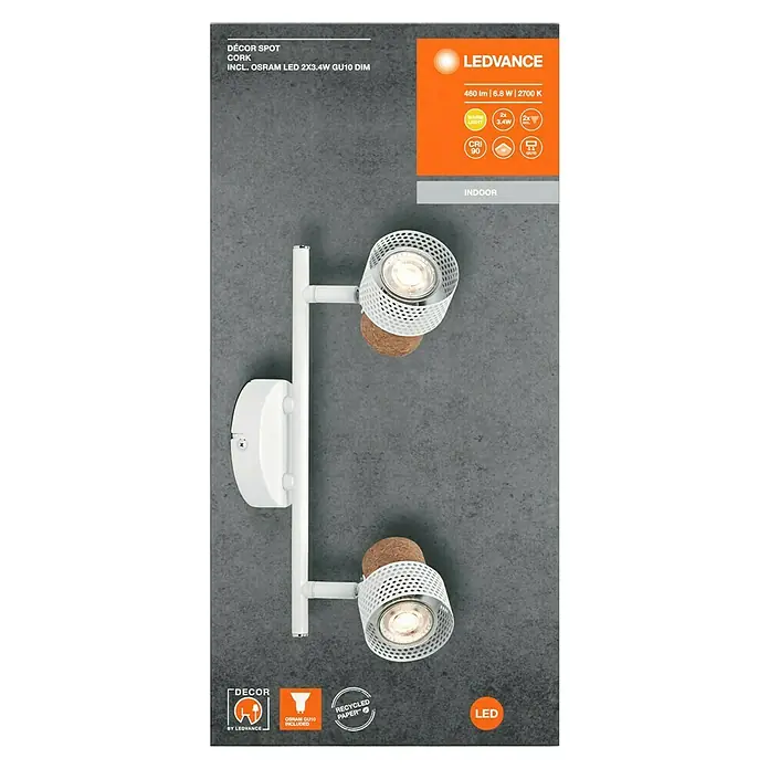 Ledvance Wandstrahler Spot Cork - 6,8 W, L x B x H: 33,8 x 10 x 13,6 cm, Weiß, GU10, 2 Stk. - Nahaufnahme der LEDVANCE DÉCOR SPOT CORK, einer stilvollen Innenleuchte mit zwei Strahlern und Korkdetails.