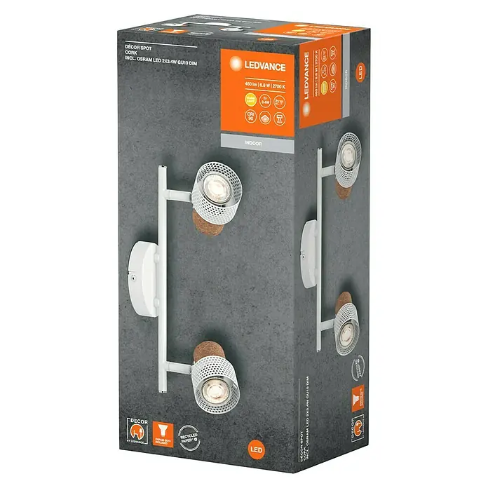 Ledvance Wandstrahler Spot Cork - 6,8 W, L x B x H: 33,8 x 10 x 13,6 cm, Weiß, GU10, 2 Stk. - Produktverpackung für LEDVANCE DÉCOR SPOT CORK, inklusive OSRAM LED 2x3.4W GU10 DIM. Moderne Innenbeleuchtung mit Korkakzenten.