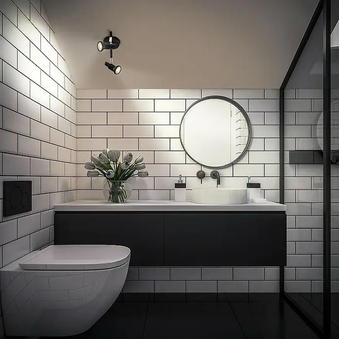 Ledvance Deckenstrahler Spot - 6,8 W, L x B x H: 25,6 x 9 x 15,5 cm, Schwarz, GU10, 2 Stk. - Ein modernes Badezimmer mit einer eleganten schwarzen Waschtischkonsole, einem runden Spiegel und einer stilvollen Toilette.