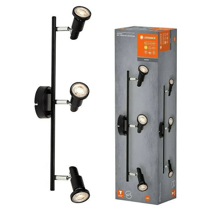 Ledvance Deckenstrahler Spot - 10,2 W, L x B x H: 48,6 x 9 x 15,5 cm, Schwarz, GU10, 3 Stk. - LEDVANCE LED-Spotleuchte mit drei Strahlern in Schwarz, inklusive Verpackung, für den Innenbereich. Warmweißes Licht für gemütliche Atmosphäre.