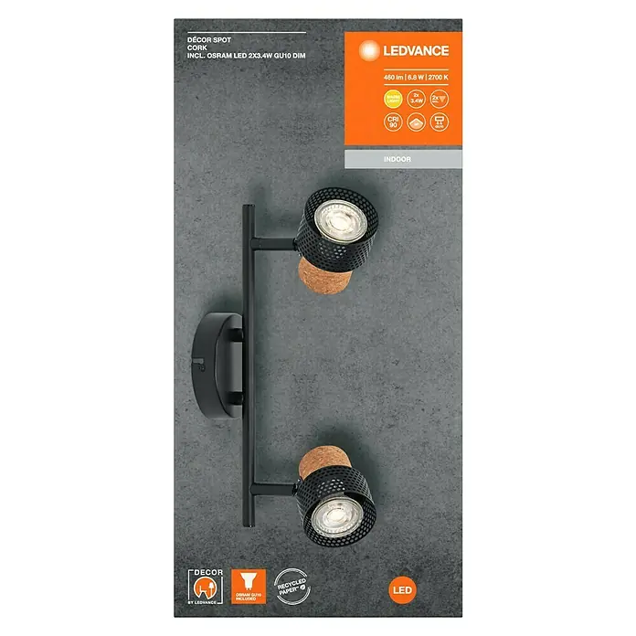 Ledvance Wandstrahler Spot Cork - 6,8 W, L x B x H: 33,8 x 10 x 13,6 cm, Schwarz, GU10, 2 Stk. - Nahaufnahme einer LEDVANCE DÉCOR SPOT CORK Wandleuchte mit zwei Leuchten und warmweißem Licht.