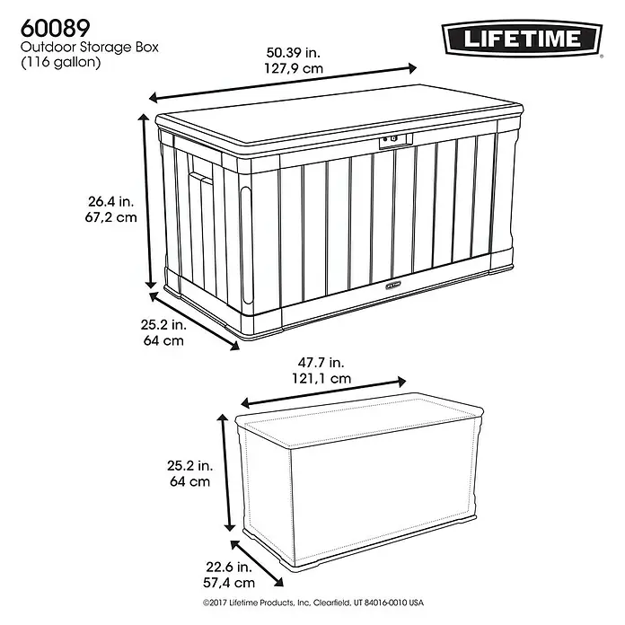 Lifetime Gartenbox Harmony - 128 x 64 x 67 cm, Braun, Kunststoff - Abbildung einer Lifetime Outdoor Storage Box (116 Gallonen) mit Abmessungen.