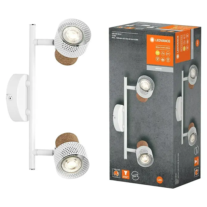 Ledvance Wandstrahler Spot Cork - 6,8 W, L x B x H: 33,8 x 10 x 13,6 cm, Weiß, GU10, 2 Stk. - Ein LEDVANCE Dekor Spot Cork Wandspot mit zwei Leuchten in Weiß, kombiniert mit Korkdetails, inklusive Verpackung.