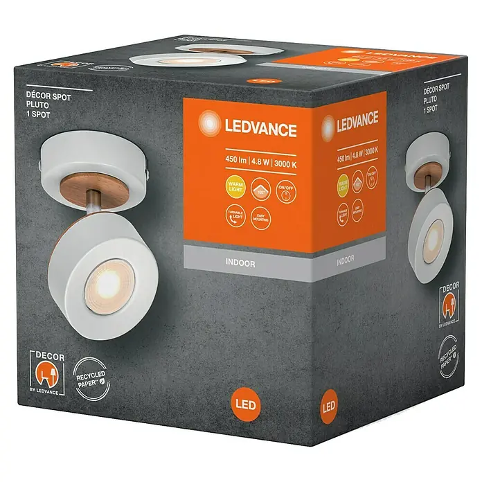 Ledvance LED-Wand- & Deckenstrahler Spot Pluto - 4,8 W, L x B x H: 9 x 12,2 x 9 cm, Weiß, Warmweiß, 1 Stk. - Bild einer Verpackung für LEDVANCE DÉCOR SPOT PLUTO 1 SPOT LED-Innenleuchte, die warmes Licht mit 450 lm bei 4,8 W und 3000 K bietet.
