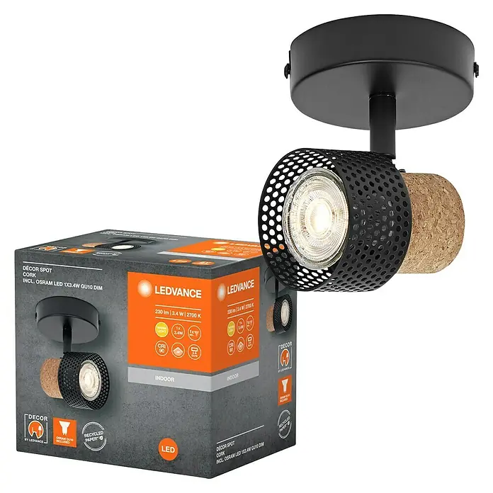 Ledvance Wandstrahler Spot Cork - 3,4 W, L x B x H: 9 x 12,6 x 10,1 cm, Schwarz, GU10, 1 Stk. - Nahaufnahme einer LEDVANCE Dekor-Spot-Leuchte aus Kork, die modernes Design und Energieeffizienz vereint.