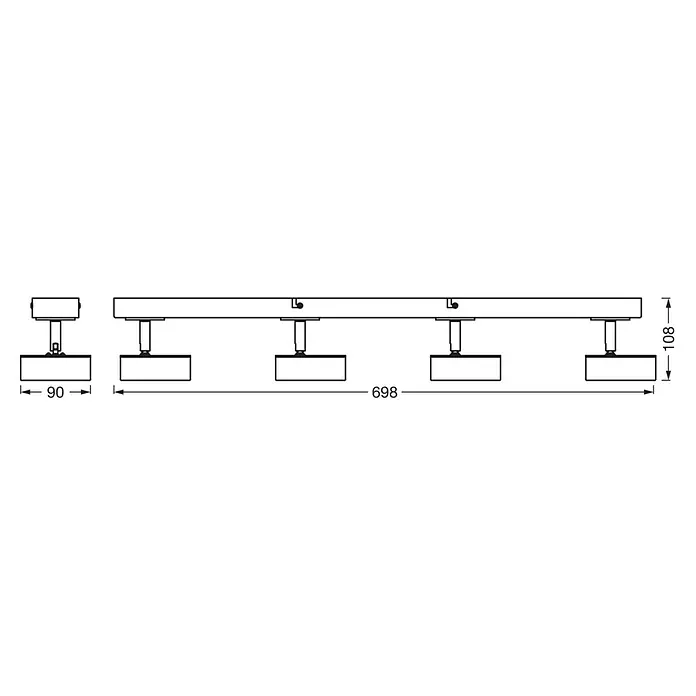 Ledvance LED-Wand- & Deckenstrahler Spot Pluto - 19,2 W, L x B x H: 69,8 x 9 x 10,8 cm, Weiß, Warmweiß, 4 Stk. - Technische Zeichnung eines linearen LED-Deckenstrahlers mit den Maßen 90 mm, 698 mm und 108 mm zur Verwendung in Innenräumen.