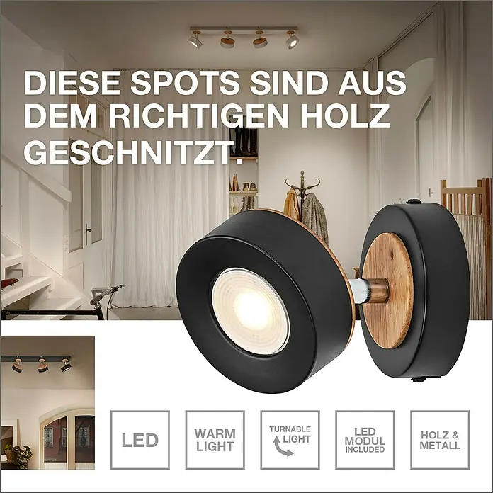 Ledvance LED-Wand- & Deckenstrahler Spot Pluto - 4,8 W, L x B x H: 9 x 12,2 x 9 cm, Weiß, Warmweiß, 1 Stk. - LED-Spots aus Holz und Metall. Die Spots sind schwenkbar und haben ein warmes Licht. Das LED-Modul ist inklusive.