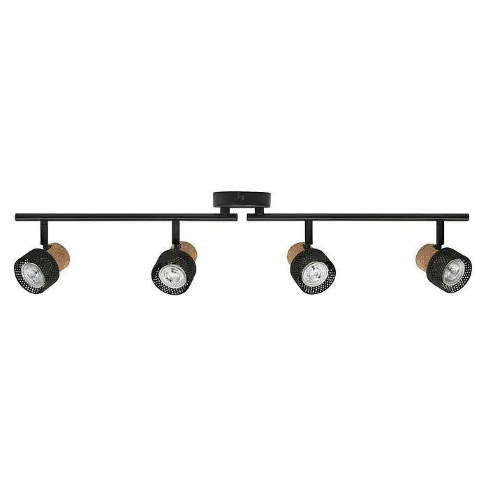 Osram Wandstrahler Spot Cork - 13,6 W, L x B x H: 81,3 x 10 x 14,5 cm, Schwarz, GU10, 4 Stk. - Eine schwarze Deckenleuchte mit vier Strahlern, die mit einem Korkdetail verziert sind. Die Leuchte ist modern und stilvoll.