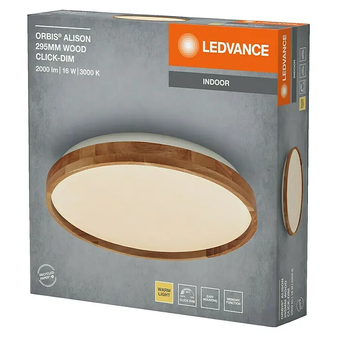 Ledvance Orbis LED-Deckenleuchte rund Alison - 16 W, Ø x H: 29,5 x 6 cm, Holzdekor, Warmweiß - Verpackung der LEDVANCE ORBIS® ALISON Holz Click-Dim Leuchte, 295mm, mit warmweißem Licht und Memory Funktion.