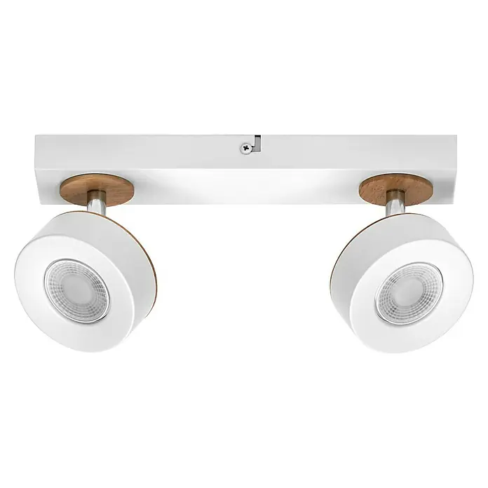 Ledvance LED-Wand- & Deckenstrahler Spot Pluto - 9,6 W, L x B x H: 29,8 x 9 x 10,8 cm, Weiß, Warmweiß, 2 Stk. - Eine Deckenleuchte mit zwei verstellbaren, runden Spots in Weiß und Holzoptik, die ein modernes und warmes Ambiente erzeugt.