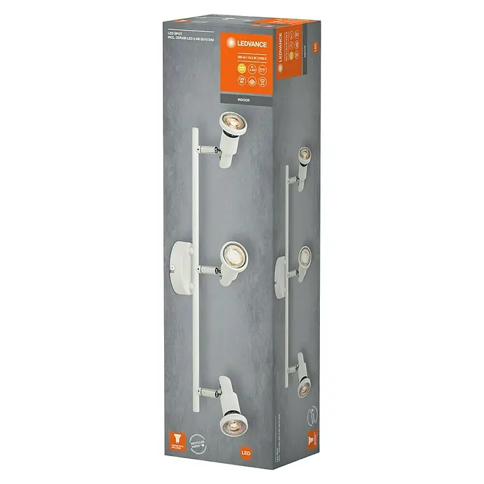 Ledvance Deckenstrahler Spot - 10,2 W, L x B x H: 48,6 x 9 x 15,5 cm, Weiß, GU10, 3 Stk. - Abbildung der LEDVANCE LED-Spotleuchte, inklusive OSRAM LED 3.4W GU10 DIM. Ideal für die Innenraumbeleuchtung, energiesparend und langlebig.