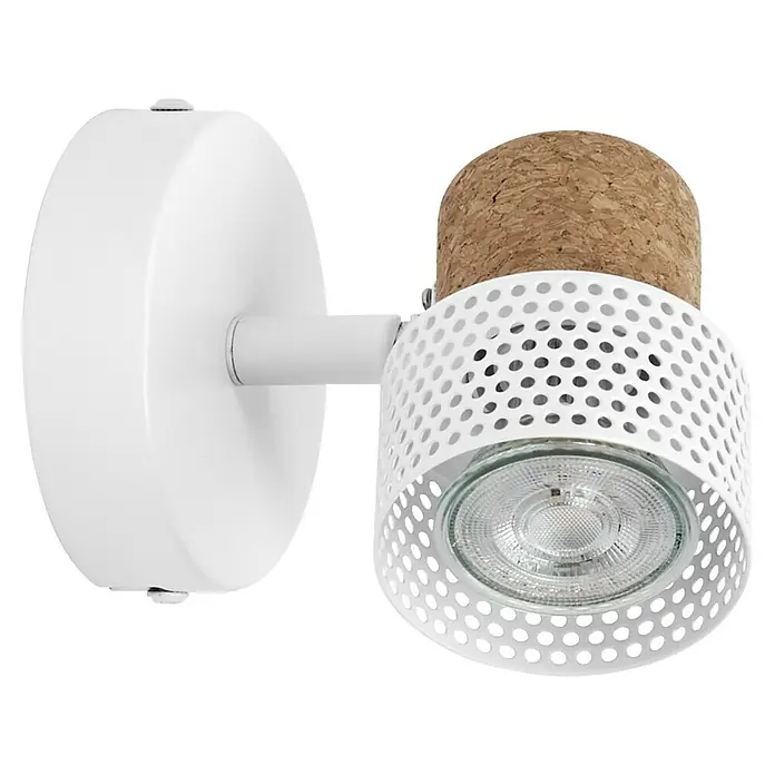 Ledvance Wandstrahler Spot Cork - 3,4 W, L x B x H: 9 x 12,6 x 10,1 cm, Weiß, GU10, 1 Stk. - Nahaufnahme einer weißen Wandleuchte mit einem Lampenschirm aus Kork und einem perforierten Metallgehäuse.