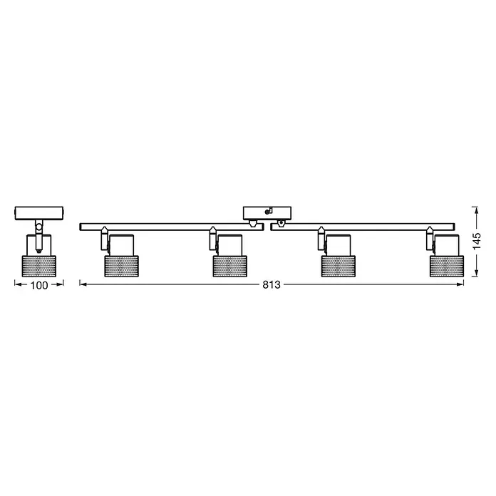 Osram Wandstrahler Spot Cork - 13,6 W, L x B x H: 81,3 x 10 x 14,5 cm, Weiß, GU10, 4 Stk. - Detaillierte technische Zeichnung eines linearen Beleuchtungssystems mit genauen Maßangaben für Installation und Design.