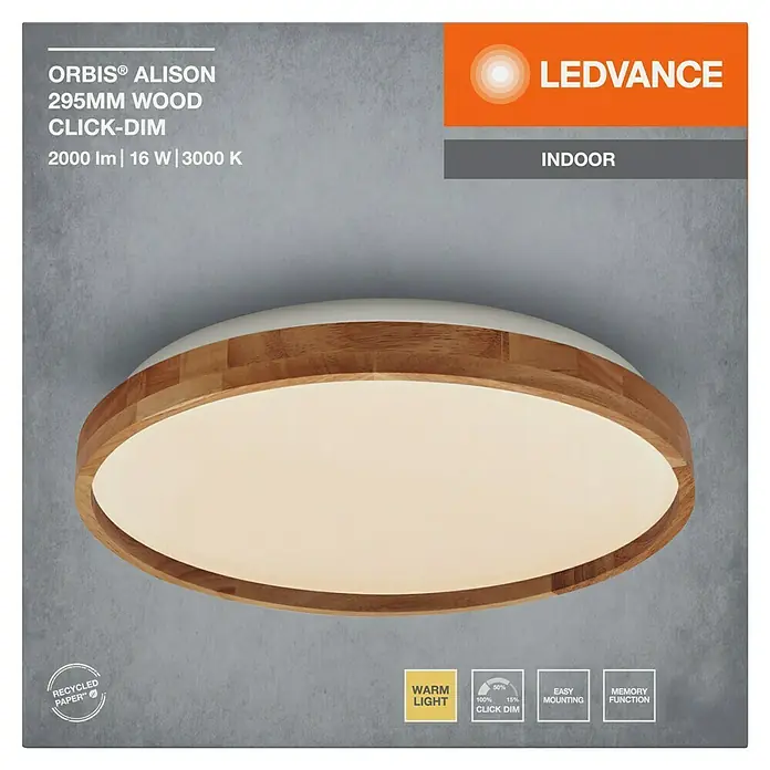 Ledvance Orbis LED-Deckenleuchte rund Alison - 16 W, Ø x H: 29,5 x 6 cm, Holzdekor, Warmweiß - LEDVANCE ORBIS® ALISON 295MM Holz Deckenleuchte mit Click-Dim Funktion, ideal für stimmungsvolle Innenraumbeleuchtung.