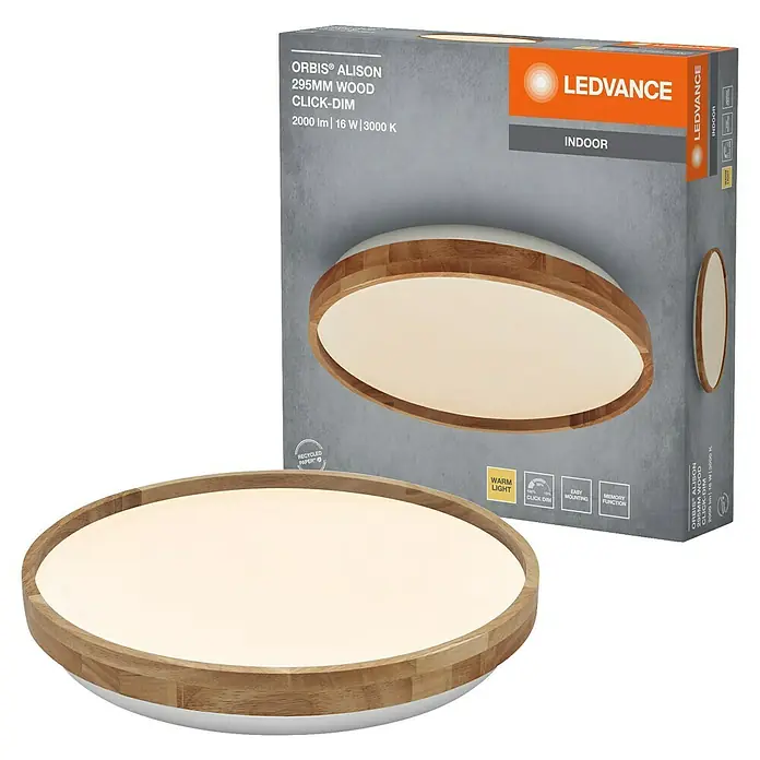 Ledvance Orbis LED-Deckenleuchte rund Alison - 16 W, Ø x H: 29,5 x 6 cm, Holzdekor, Warmweiß - Das LEDVANCE Orbis Alison Holz Deckenleuchte Produktbild zeigt die Lampe mit Holzrahmen und Verpackung.