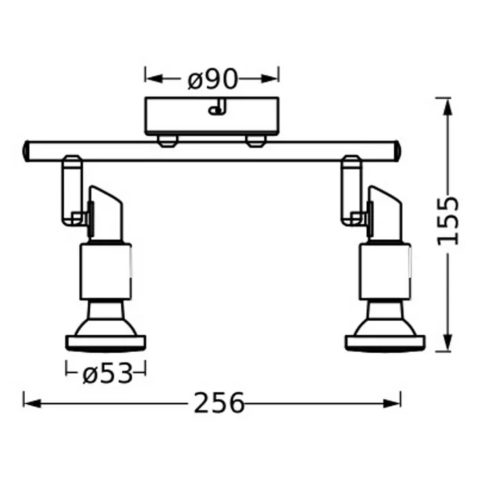 Ledvance Deckenstrahler Spot - 6,8 W, L x B x H: 25,6 x 9 x 15,5 cm, Weiß, GU10, 2 Stk. - Technische Zeichnung einer Doppelstrahler-Deckenleuchte mit Maßangaben für Durchmesser und Abstände, um das Produkt detailliert darzustellen.