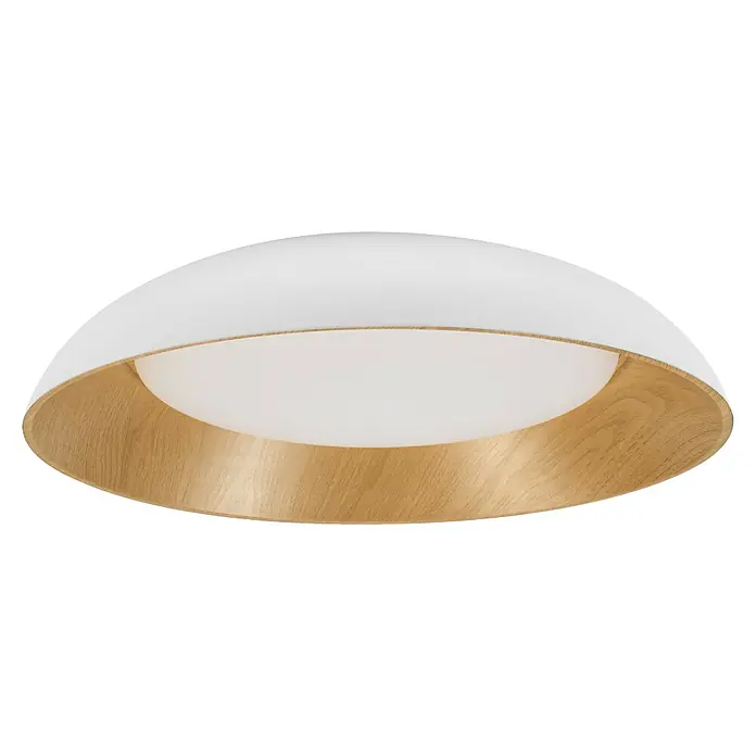 Osram LED-Deckenleuchte rund Alva - Ø x H: 50,5 x 14 cm, Weiß, Holzdekor, Warmweiß - Nahaufnahme einer runden Deckenleuchte mit weißer Außenseite, Holzinnenseite und einem zentralen, runden, diffusen Lichtelement.