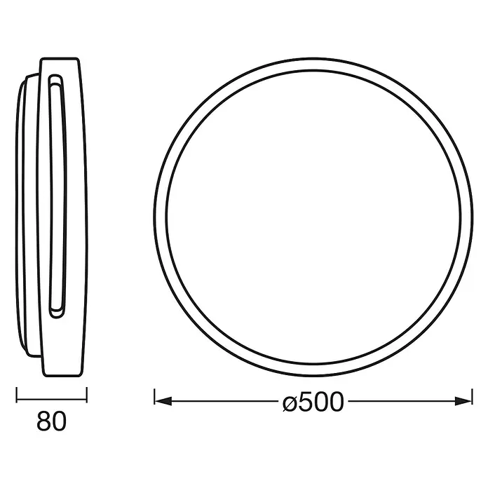 Osram Orbis LED-Deckenleuchte rund Woodburry - 36 W, Ø x H: 50 x 8 cm, Holzdekor, Warmweiß - Produktansicht mit Durchmesser 500 mm und Dicke 80 mm. Die schematische Darstellung zeigt alle Maße des Produkts.