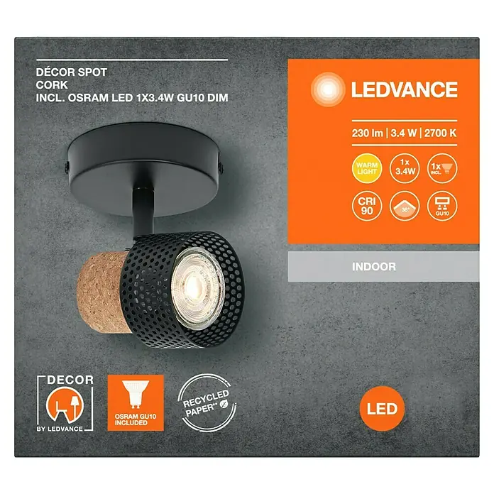 Ledvance Wandstrahler Spot Cork - 3,4 W, L x B x H: 9 x 12,6 x 10,1 cm, Schwarz, GU10, 1 Stk. - Produktbild einer LEDVANCE DÉCOR SPOT CORK Leuchte mit OSRAM LED, die ein warmes Licht mit 230 lm erzeugt.