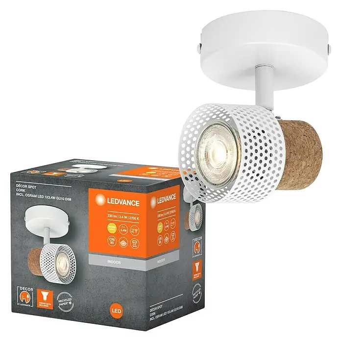 Ledvance Wandstrahler Spot Cork - 3,4 W, L x B x H: 9 x 12,6 x 10,1 cm, Weiß, GU10, 1 Stk. - Nahaufnahme einer LEDVANCE Dekor-Spot-Cork-Leuchte, die modernes Design mit einem Hauch von natürlichem Kork kombiniert.