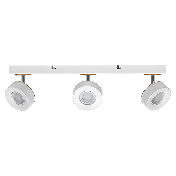 Ledvance LED-Wand- & Deckenstrahler Spot Pluto - 14,4 W, L x B x H: 49,8 x 9 x 10,8 cm, Weiß, Warmweiß, 3 Stk. - Nahaufnahme einer weißen LED-Deckenleuchte mit drei Strahlern, die an einer weißen Schiene montiert sind und ein modernes Design aufweisen.