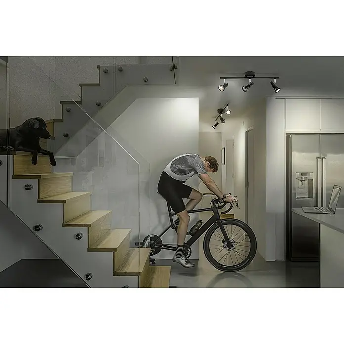 Ledvance Deckenstrahler Spot - 10,2 W, L x B x H: 48,6 x 9 x 15,5 cm, Schwarz, GU10, 3 Stk. - Ein Mann trainiert auf einem Heimtrainer im Haus. Eine moderne Treppe mit Glasgeländer und ein Hund sind im Hintergrund zu sehen.