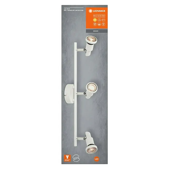 Ledvance Deckenstrahler Spot - 10,2 W, L x B x H: 48,6 x 9 x 15,5 cm, Weiß, GU10, 3 Stk. - LEDVANCE LED-Spotleuchte mit drei Strahlern in Weiß, ideal für die Innenbeleuchtung. Energiesparend und dimmbar mit GU10 Leuchtmittel.