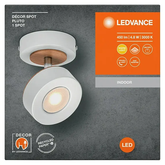 Ledvance LED-Wand- & Deckenstrahler Spot Pluto - 4,8 W, L x B x H: 9 x 12,2 x 9 cm, Weiß, Warmweiß, 1 Stk. - Ein LEDVANCE DÉCOR SPOT PLUTO 1 SPOT Deckenstrahler mit warmweißem Licht, drehbar und einfacher Montage.