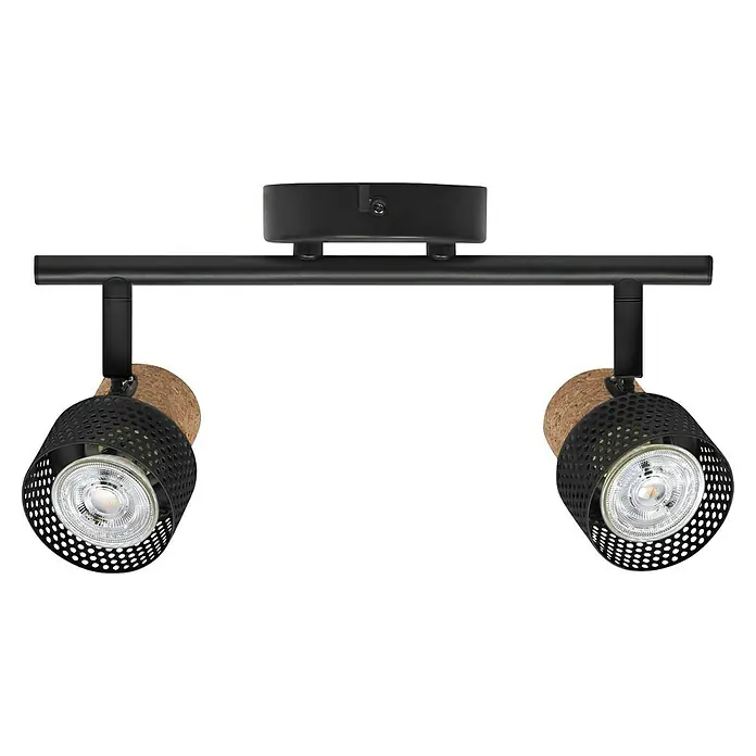 Ledvance Wandstrahler Spot Cork - 6,8 W, L x B x H: 33,8 x 10 x 13,6 cm, Schwarz, GU10, 2 Stk. - Eine moderne, schwarze Deckenleuchte mit zwei schwenkbaren Strahlern und Details aus Kork, die ein warmes, indirektes Licht erzeugt.