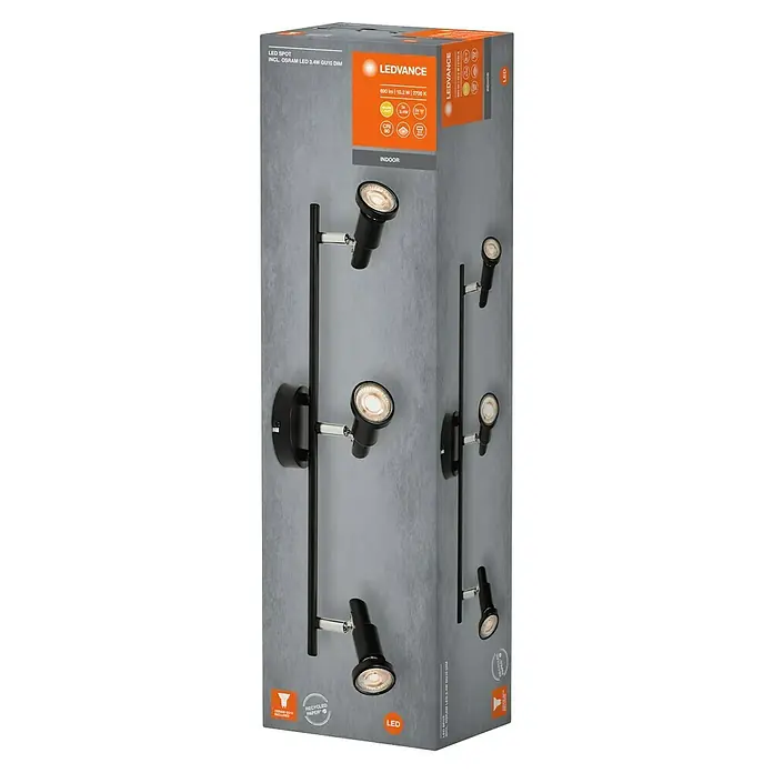 Ledvance Deckenstrahler Spot - 10,2 W, L x B x H: 48,6 x 9 x 15,5 cm, Schwarz, GU10, 3 Stk. - Produktverpackung einer LEDVANCE LED-Spotleuchte inklusive OSRAM LED 3.4W GU10 DIM. Modernes Design für den Innenbereich mit warmweißem Licht.