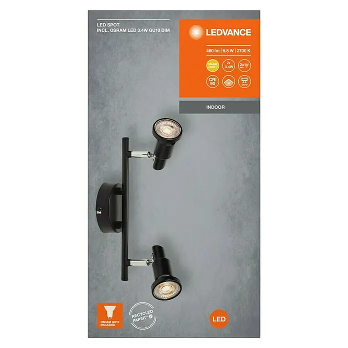 Ledvance Deckenstrahler Spot - 6,8 W, L x B x H: 25,6 x 9 x 15,5 cm, Schwarz, GU10, 2 Stk. - Abbildung einer LED-Spotleuchte von LEDVANCE inklusive OSRAM LED 3.4W GU10 DIM, ideal für Innenräume, mit warmweissem Licht.