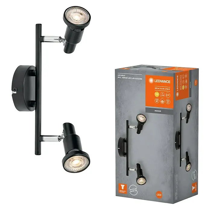 Ledvance Deckenstrahler Spot - 6,8 W, L x B x H: 25,6 x 9 x 15,5 cm, Schwarz, GU10, 2 Stk. - LEDVANCE LED-Spot für den Innenbereich mit zwei Leuchten und Verpackung. Die Lampe ist schwarz mit Chromdetails und erzeugt ein warmweisses Licht.