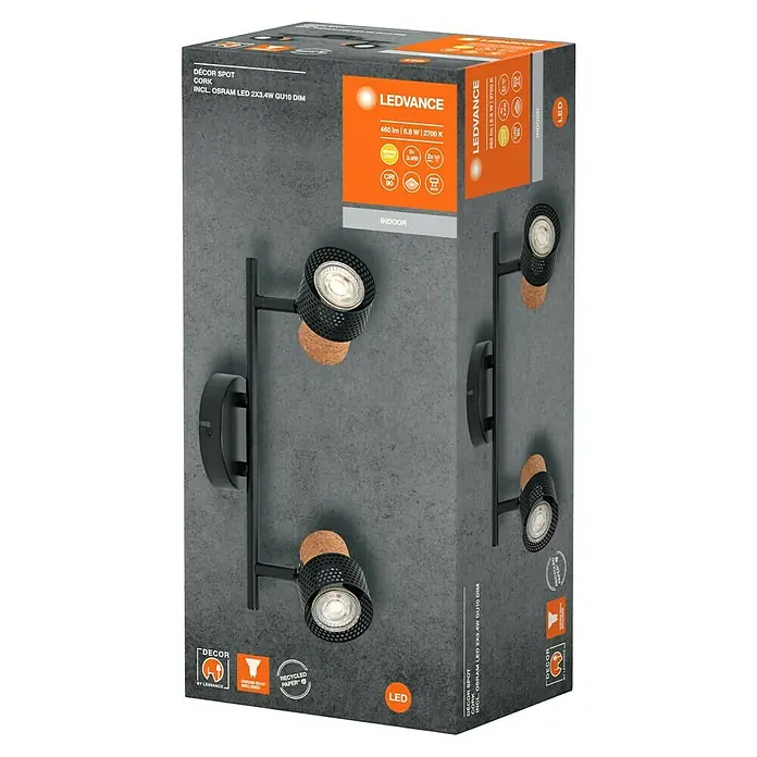 Ledvance Wandstrahler Spot Cork - 6,8 W, L x B x H: 33,8 x 10 x 13,6 cm, Schwarz, GU10, 2 Stk. - Produktverpackung: LEDVANCE DÉCOR SPOT CORK Wandleuchte mit LED-Technologie für stimmungsvolle Innenraumbeleuchtung.