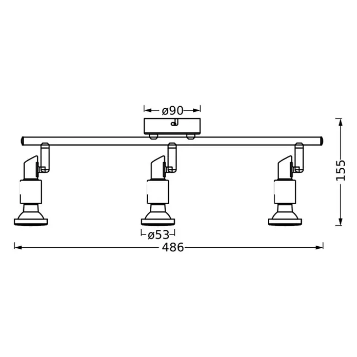 Ledvance Deckenstrahler Spot - 10,2 W, L x B x H: 48,6 x 9 x 15,5 cm, Schwarz, GU10, 3 Stk. - Abbildung einer schwarzen Deckenleuchte mit drei Strahlern. Die Maße sind angegeben: 486 mm Länge, 155 mm Höhe und 90 mm Durchmesser.
