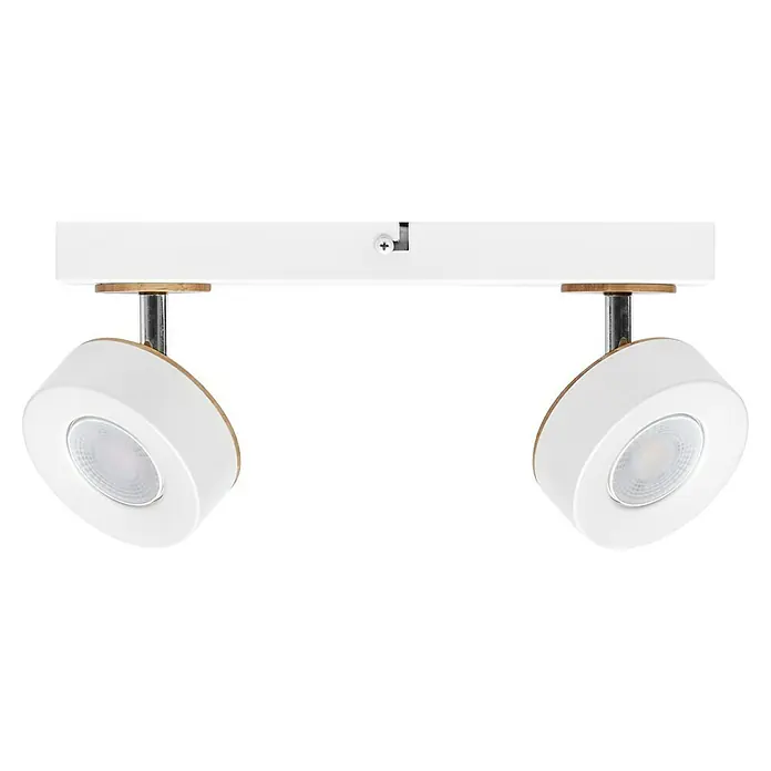 Ledvance LED-Wand- & Deckenstrahler Spot Pluto - 9,6 W, L x B x H: 29,8 x 9 x 10,8 cm, Weiß, Warmweiß, 2 Stk. - Deckenleuchte mit zwei weißen, runden Strahlern. Die Strahler sind an einer weißen Schiene befestigt und haben einen Holzrahmen.