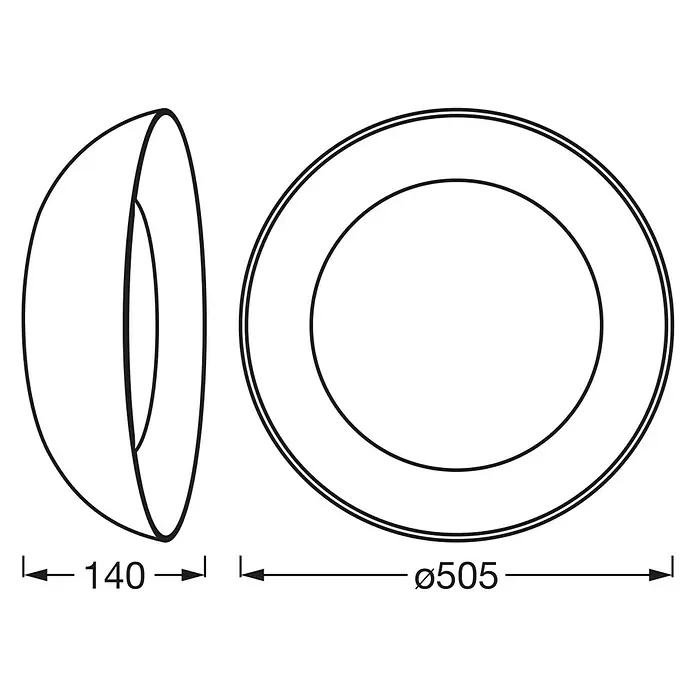 Osram LED-Deckenleuchte rund Alva - Ø x H: 50,5 x 14 cm, Weiß, Holzdekor, Warmweiß - Technische Zeichnung einer runden Wandleuchte mit den Maßen 140 x ø505.