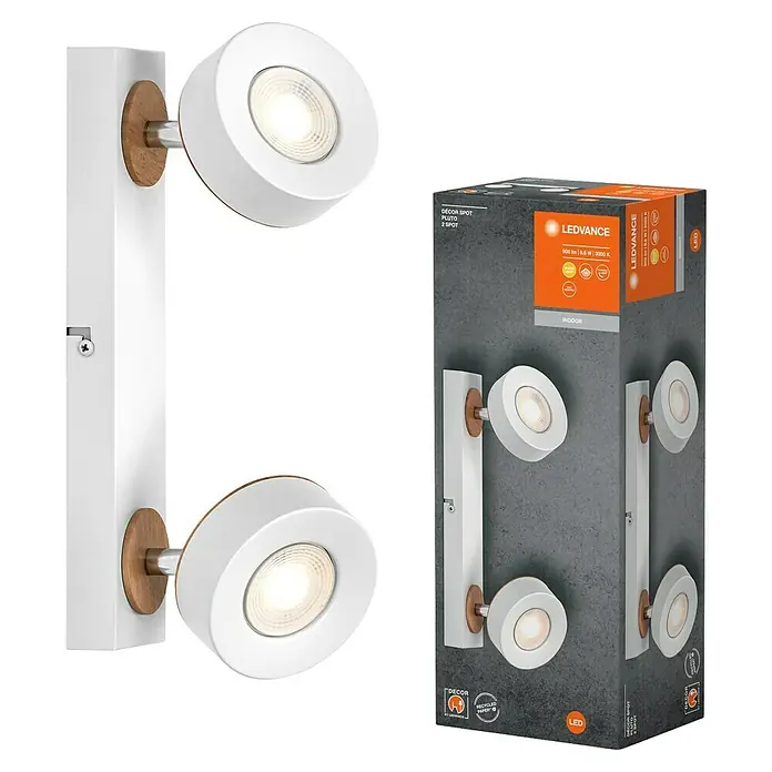 Ledvance LED-Wand- & Deckenstrahler Spot Pluto - 9,6 W, L x B x H: 29,8 x 9 x 10,8 cm, Weiß, Warmweiß, 2 Stk. - LEDVANCE DÉCOR SPOT PLUTO 2-Spot Wandleuchte in Weiß und Holzoptik, ideal für Innenräume, mit energiesparender LED-Technologie.
