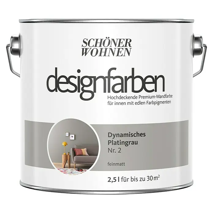SCHÖNER WOHNEN-Farbe Wandfarbe Designfarbe - Dynamisches Platingrau, Matt, 2,5 l, Konservierungsmittelfrei - Dose „Schöner Wohnen Designfarben“ in Dynamisches Platingrau Nr. 2, eine hochwertige, matte Premium-Wandfarbe für Innenräume.